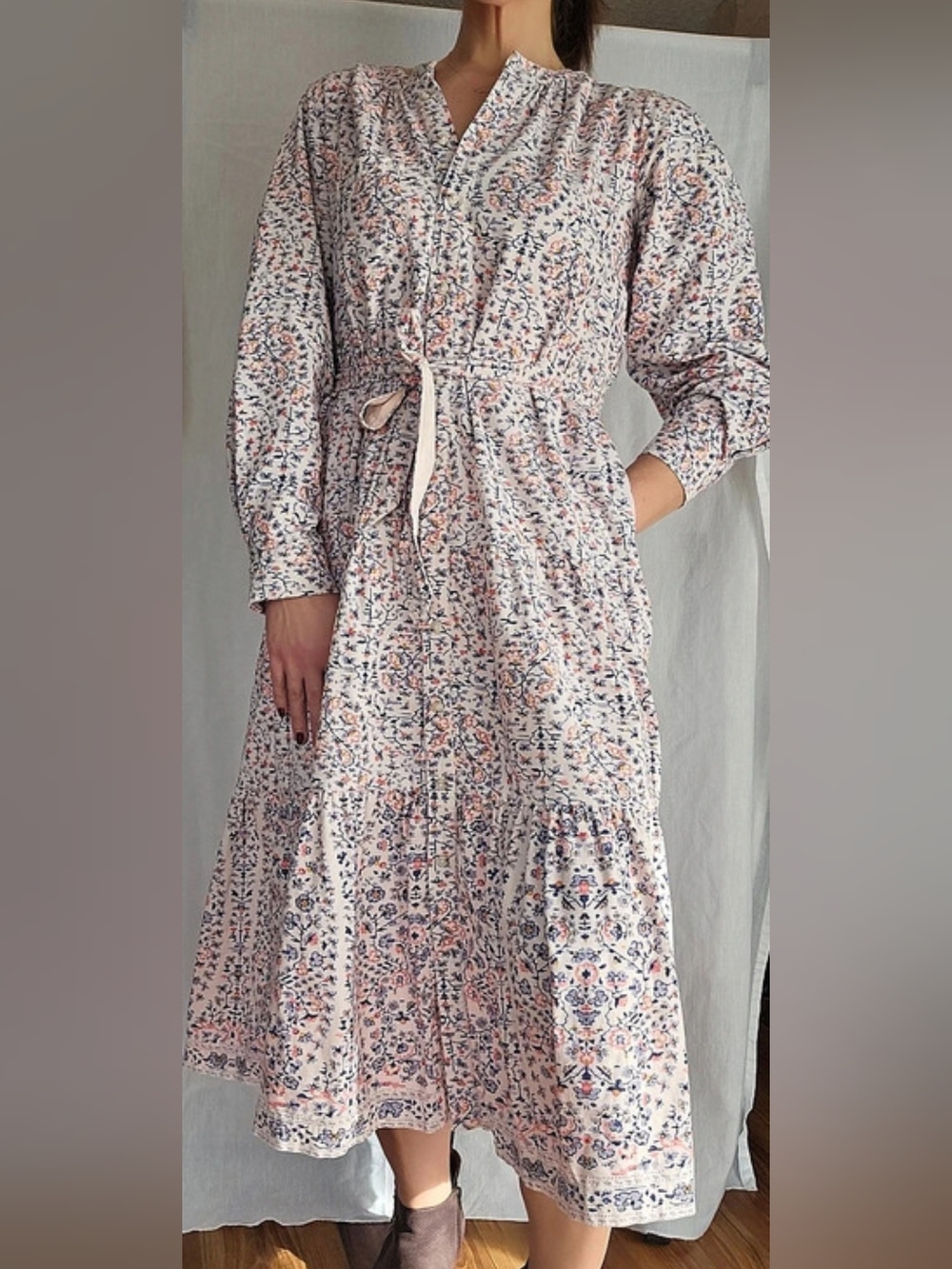 PILCRO Marta Tiered Corduroy Floral Maxi Dress White & Blue Size US S / UK S